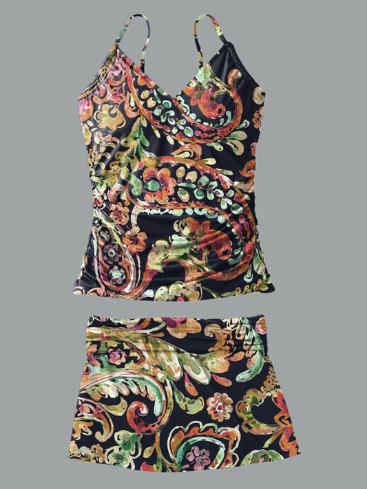 V-Neck Vintage Flowers Print Suspender Skirt Tankini Pantskirt Set Swimsuit