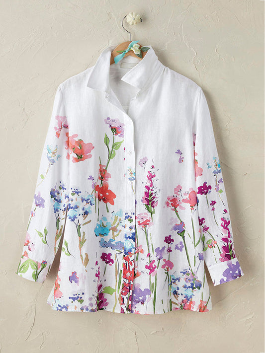 Comstylish Women's Casual Floral Embroidery Print Cotton Shirt