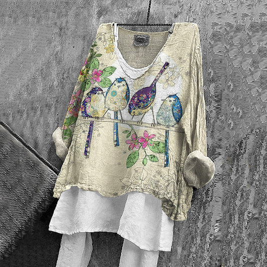 Comstylish Women's Vintage Birds And Floral Pattern Comfortable Shirt