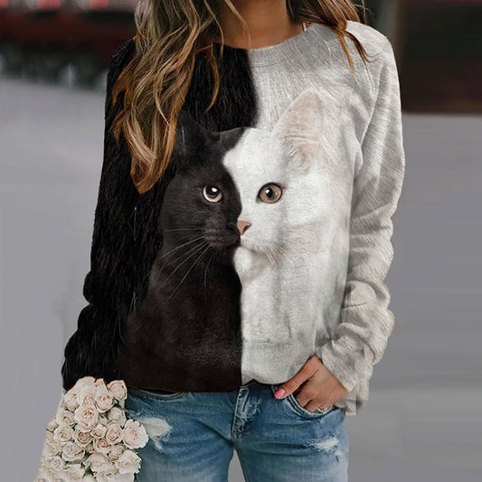 Comstylish Women's Cat Print Crew Neck Sweatshirt