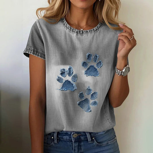 Comstylish Women's Cute Cat Paw Denim Patchwork Art T-shirt