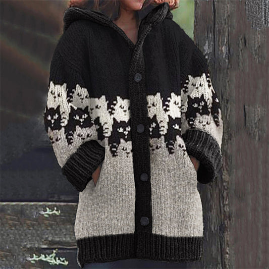 Comstylish Vintage Cats Colorblock Knit Cozy Hooded Cardigan