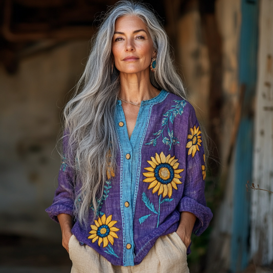 Ukraine Sunflower With Bohemian Linen Floral Art Print Long Sleeve Loose  Shirt artswardrobe