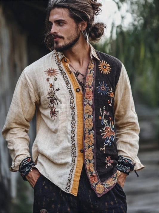 Men's Boho Hippie Floral Embroidered Contrast Linen Blend Shirt artswardrobe