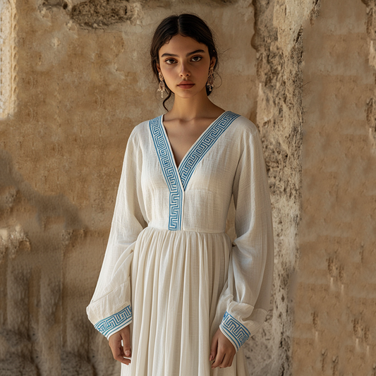 Vintage Greek Inspired V Neck Linen Blend Maxi Dress artswardrobe