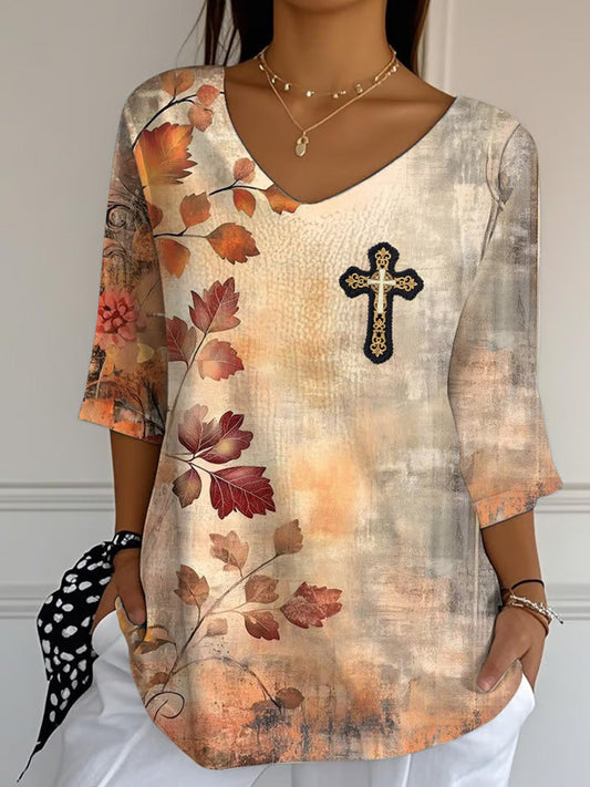 Women's Casual Autumn Faith V-neck T-shirt artswardrobe