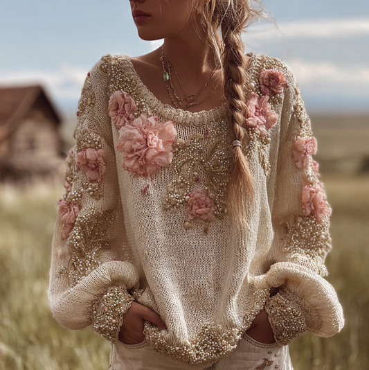 Bohemian Style Round Neck Long Sleeve 3d Floral Design Women's Sweater
