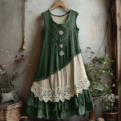 Retro Lace Patchwork Comfy Linen Tank Dress artswardrobe