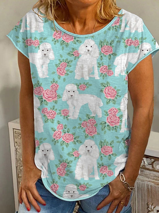 Comstylish Poodle Dog & Flower Print Casual Cotton T-Shirt