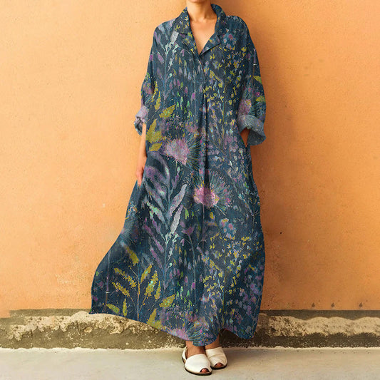 Comstylish Vintage Botanical And Dandelion Print Long-Sleeved Dress
