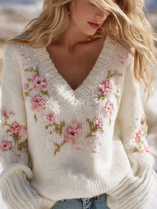 Bohemian Style Floral Embroidery Women's V-neck Knitted Sweater