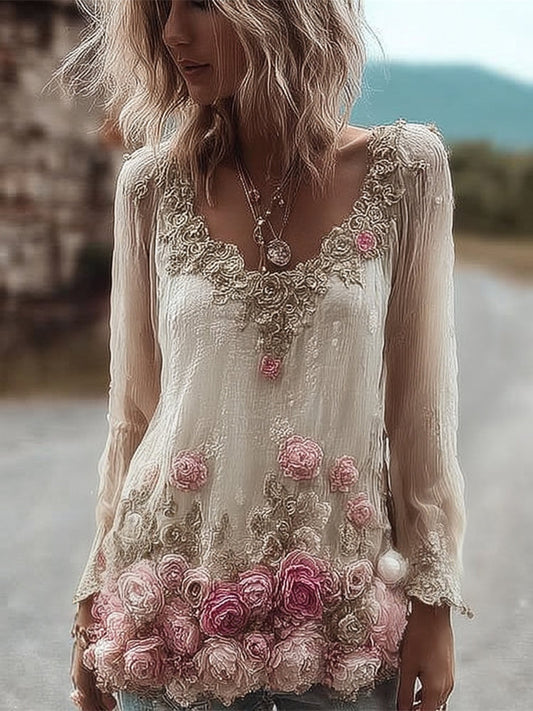 Comstylish Boho Floral Art Lace Embroidered Women's Long Sleeve Shirt