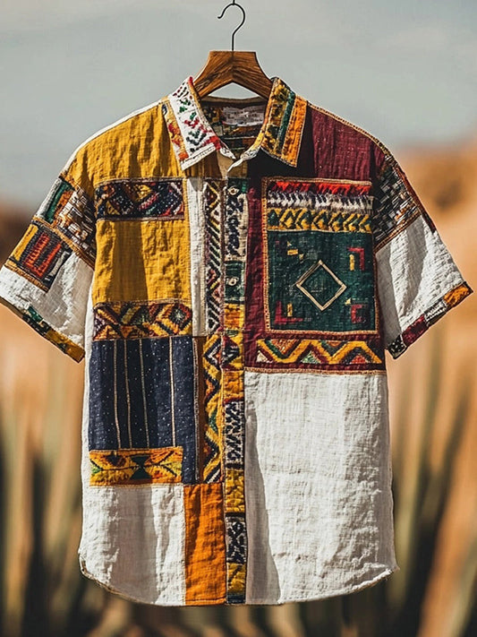 Vintage Geometric Pattern Patchwork Linen Shirt artswardrobe