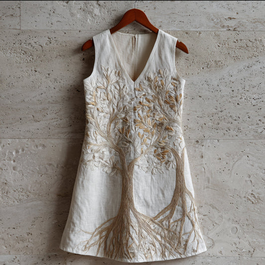 Golden Three-dimensional Embroidered Sleeveless V-neck Long Dress artswardrobe