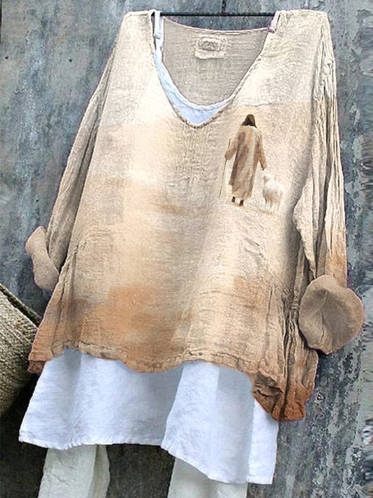 Comstylish Jesus And Sheep Art Painting Print Linen Blend Casual Shirt