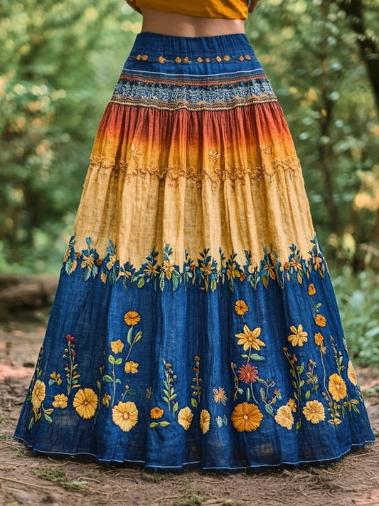 Women's Boho Floral Embroidery Gradient Cotton Linen Flowing Half Elastic Skirt artswardrobe
