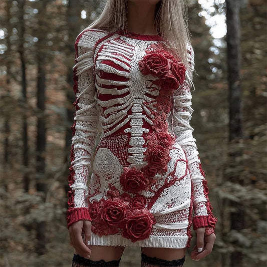 Comstylish Classy Bloody Roses Skeleton Art Bandages Knit Sweater Dress