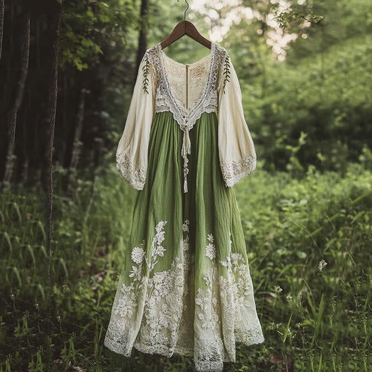 Vintage Floral Embroidered Pattern Linen Contrast Color Maxi Dress artswardrobe