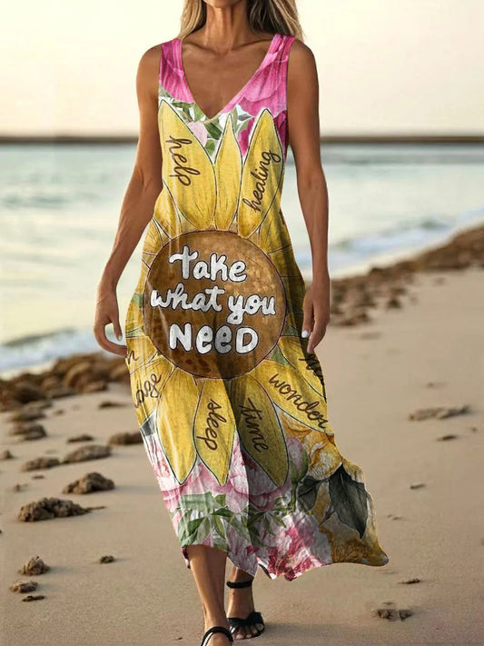 Women's Hippie Floral Art Print Pocket Cotton Dress
