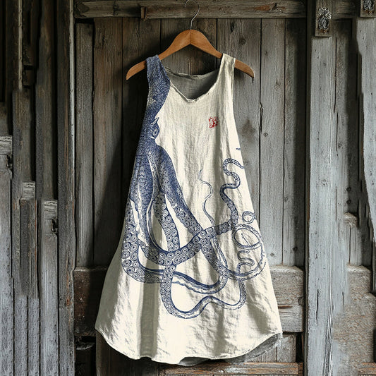 Japanese Octopus Art Linen Tank Dress artswardrobe