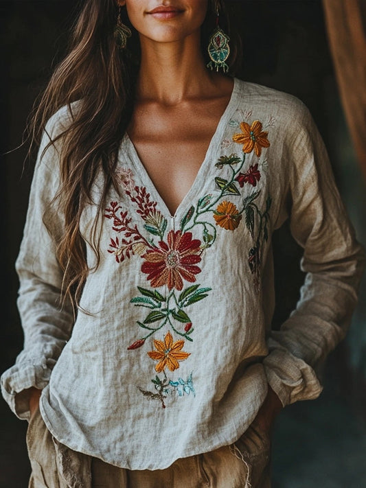 Comstylish Retro Bohemian Floral Embroidered Linen Blend Cozy Shirt