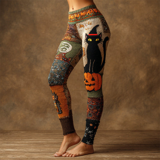 Halloween Wizard Black Cat & Pumpkin Patchwork Art Women's Knit Leggings artswardrobe