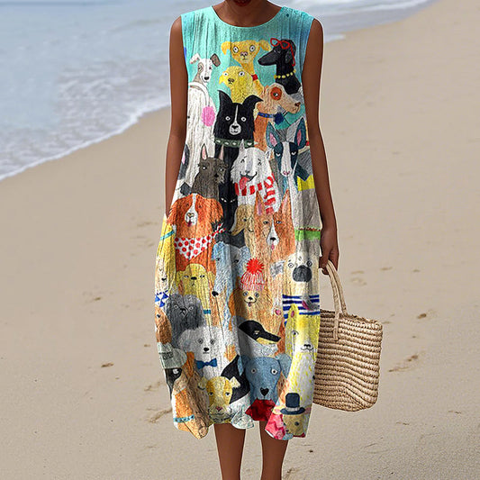 Comstylish Women's Dog Art Print Tank Midi Dress