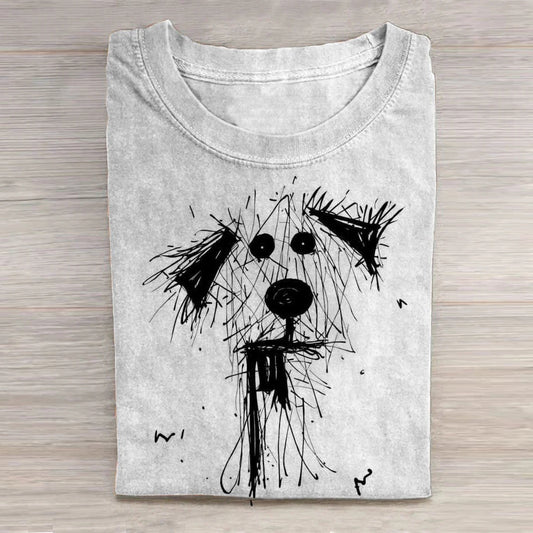 Comstylish Cute Puppy Sketch Print Casual T-Shirt