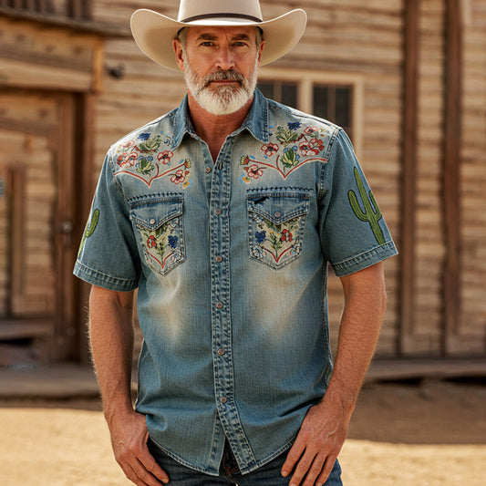 Men's Vintage Faded Denim Western-style Embroidered Printed Short Sleeve Shirt artswardrobe