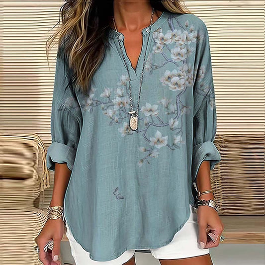 Comstylish Vintage Floral Art Printed V Neck Casual Shirt