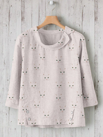 Cute Cat Face Pattern Linen Blend Cozy Tunic elevenforest