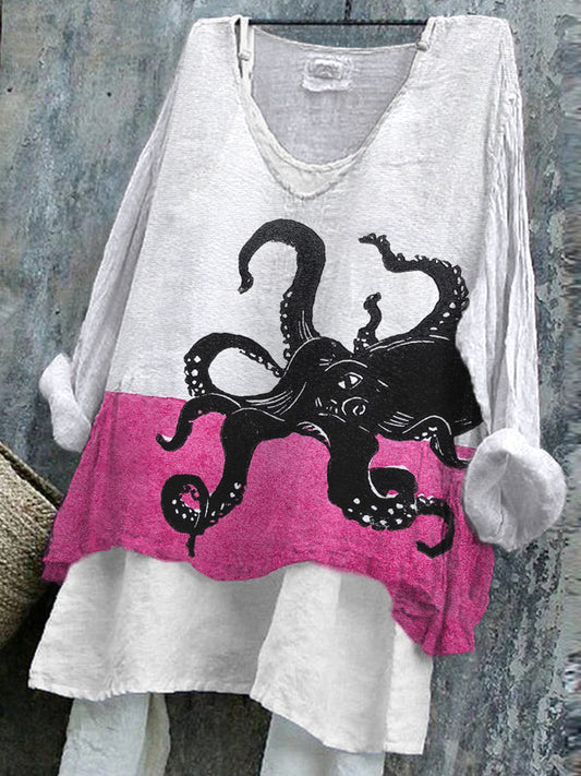 Japanese Art Octopus Print Linen Blend Shirt artswardrobe