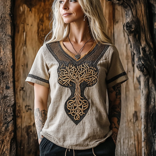 Comstylish Women's Viking Tree Of Life Celtic Knot Art Linen T-shirt