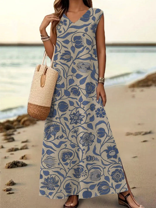 Women's Floral Art Print V-Neck Sleeveless Cotton Pocket Dress