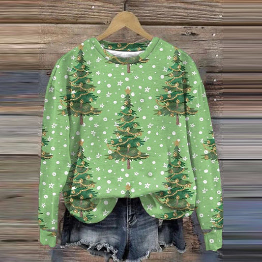 Comstylish Christmas Tree Print Crew Neck Casual Sweatshirt