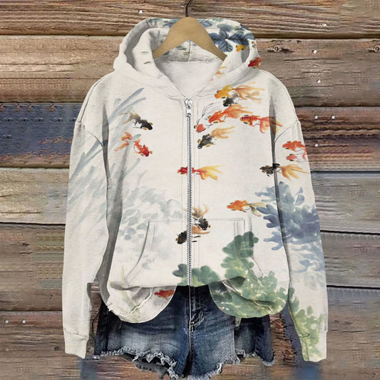 Comstylish Japanese Art Fish Print Zip Hoodie