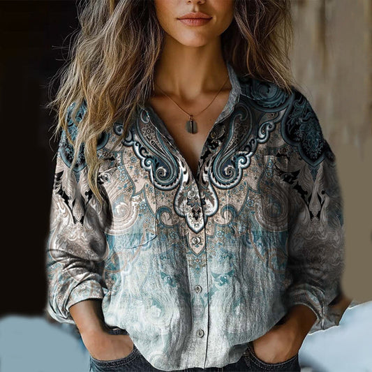 Comstylish Women's Vintage Paisley Gradient Print Casual Shirt