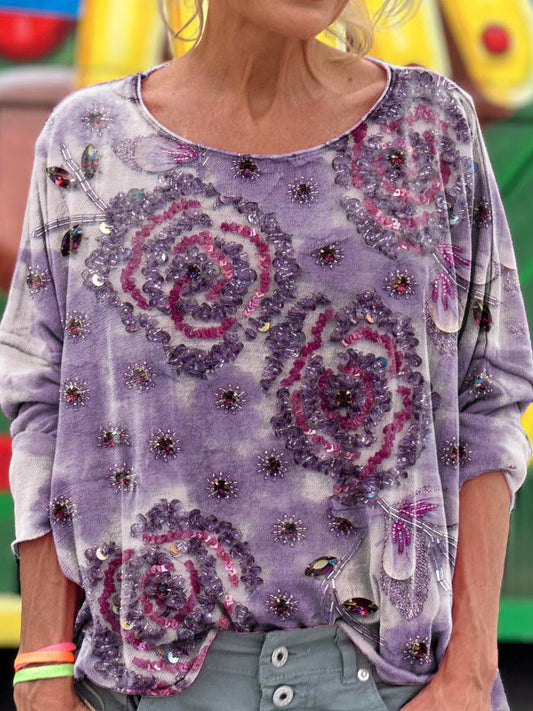 Women's Floral Texture Art Pattern Print Casual Long Sleeve T-shirt