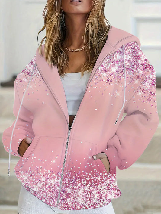 Comstylish Pink Christmas Glitter Women's Zipper Hooded Sweatshirt