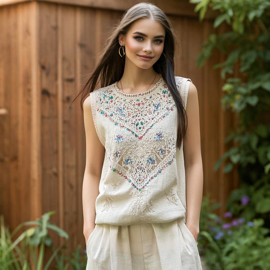 Vintage Bohemian Cutout Linen Vest artswardrobe