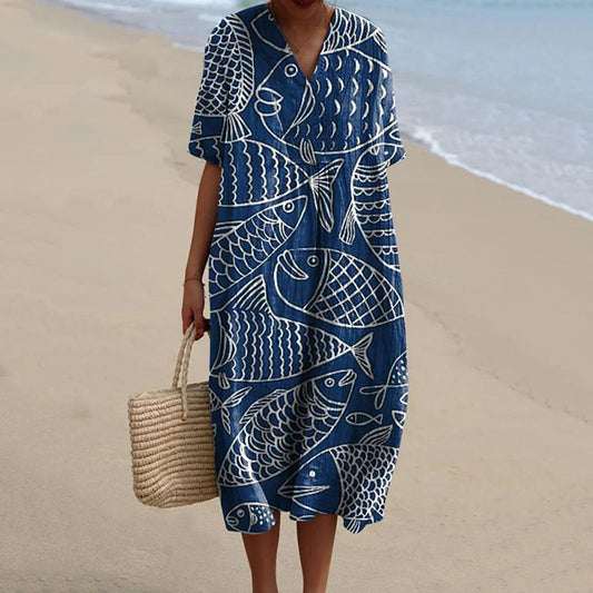 Comstylish Women's Minimalist Line Fish Art Print Casual Dress