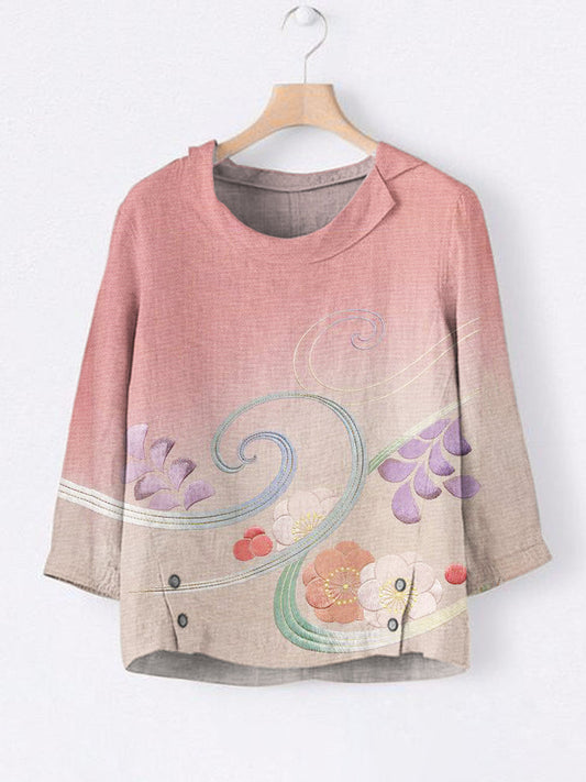 Comstylish Japanese Botanical Floral Pink Gradient Embroidery Pattern Women's Linen Lapel Top