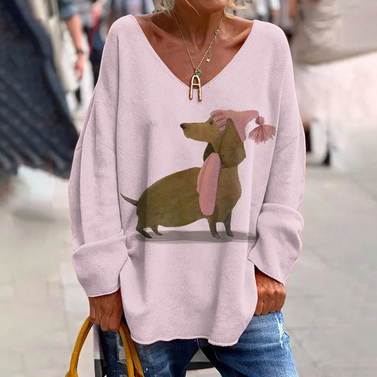 Comstylish Vintage Christmas Dachshund Art Print Casual V Neck T-Shirt