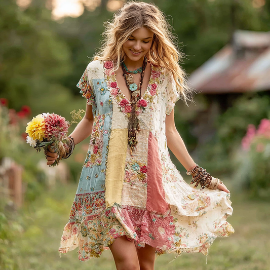 Women's Retro Floral Short Sleeve Dress artswardrobe