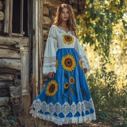 Vintage Sunflower Gradient Lace Art Linen V Neck Maxi Dress artswardrobe