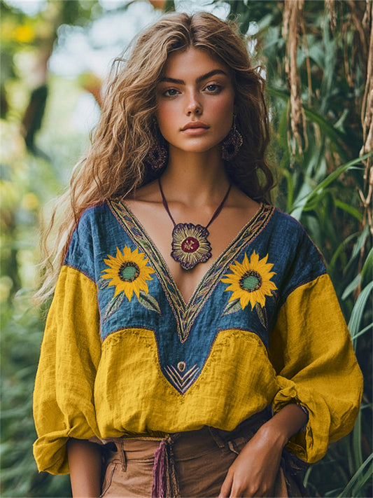 Vintage Boho Sunflowers Embroidered Contrast Linen Blend Tunic artswardrobe