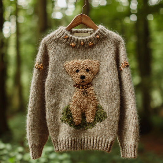 Comstylish Women's Vintage Mohair Dog Embroidered Sweater