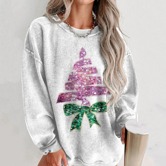 Comstylish Women's Shiny Christmas Tree Casual Print Shirt