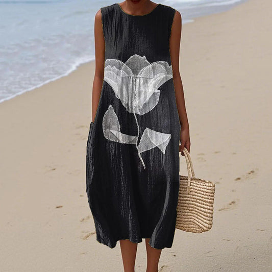 Women's Vintage Flower Pattern Art Linen Tank Dress artswardrobe