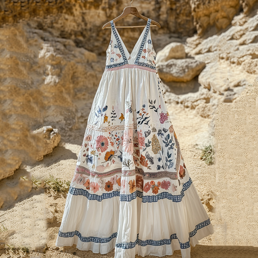 Comstylish Women's Fashion Elegant Floral Cotton And Linen Sleeveless Dress
